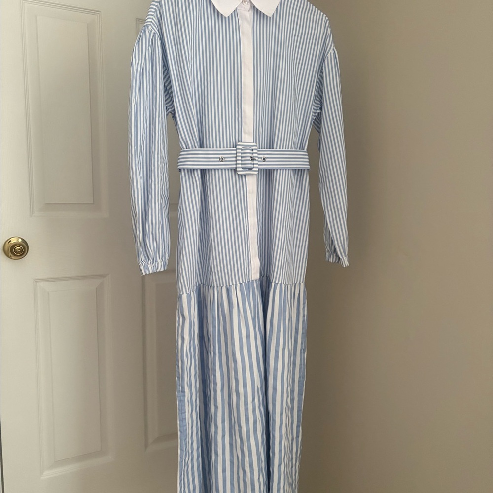 Blue and White Striped Long Dress